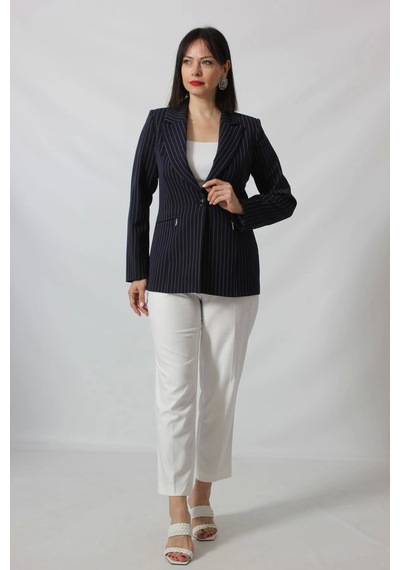 Moda Berray 1906 Lacivert Çizgili Fermuarlı Cep Aksesuarlı Kadın Büyük Beden Blazer Ceket Lacivert