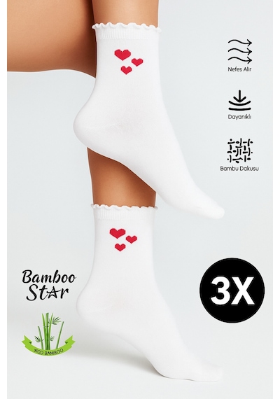 Bamboo Star Bambu Kadın Beyaz Fırfırlı Lastiksiz Kalpli Kadın Soket 3lü Beyaz Çorap İz Bırakmaz Sıkmayan Çorap