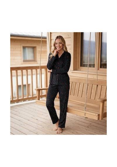 Pijamoni Kadın Süet Kumaş Önü Düğmeli Uzun Kollu Pijama Takımı Siyah Kalp Desenli