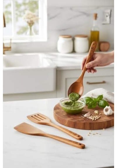 5 Parça ' Pro ' Bambu Teak Ağacı Ahşap Kaşık Tahta Kaşık Mutfak Seti Temizlemesi Kolay Mat Parlak Yüzey