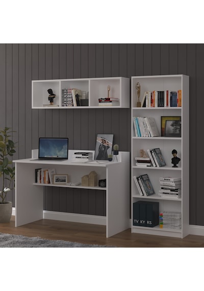 Asra Trend Çalışma Masası Seti ÇMT001 %100 MDF Kitaplıklı Raflı Ofis Takımı Beyaz