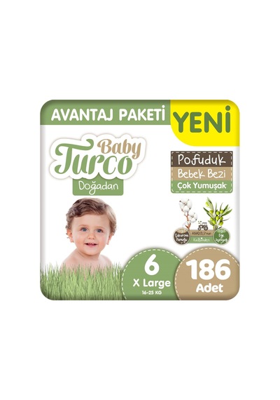 Baby Turco Doğadan 6 Beden Bebek Bezi Avantaj Paketi Pofuduk 62x3 186 Adet 6 Numara