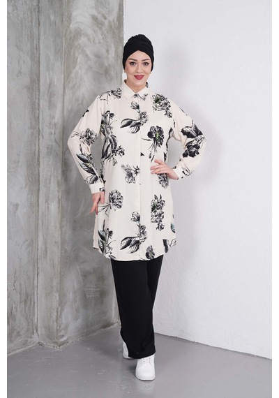 Polologin Butik Siyah Beyaz Çiçekli Tunik Pantolon Takımı Siyah & Beyaz