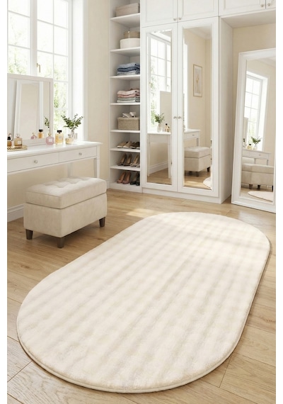 Oval Puffy Bubble Yumuşak Peluş Halı Kaymaz, Yıkanabilir, Antre, Hol, Mutfak Halısı Krem