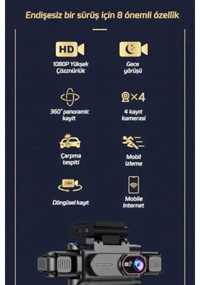4 Kameralı 360 Derece Araç Kamerası, Full Hd 1080p, Wifi Destekli, Gece Görüşlü, G-sensör, Döngüsel Kayıt, Mobil İzleme