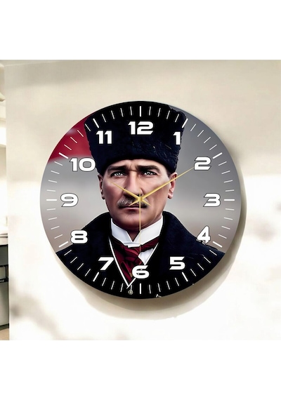 Renkli Baskı Atatürk Desenli Sayılı Hediyelik Ahşap Sessiz Duvar Saati 50cm ÇOk Renkli