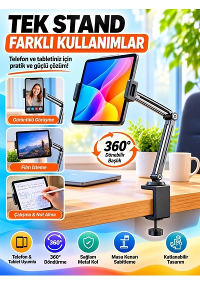 Tr 360 Döner Başlıklı Katlanabilir Ayarlanabilir Masa Kenarı Bağlantılı Metal Kollu Telefon Ve Tablet Tutucu S Genel
