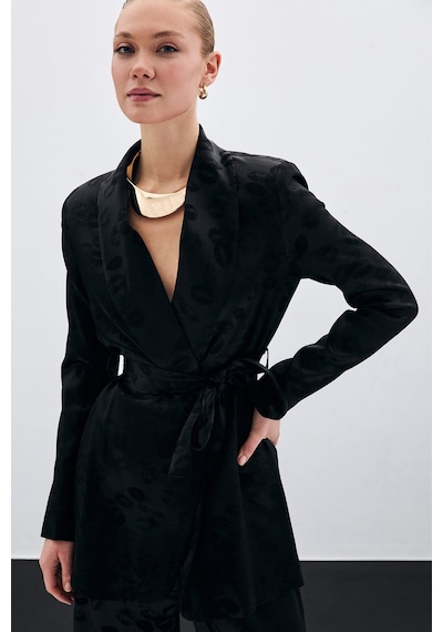 Sateen Şal Yaka Kuşaklı Ceket - Siyah-135681 Siyah