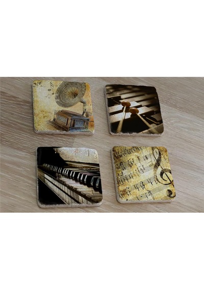 Gramofon Piano Ksilofon Ve Notalar Doğal Taş Bardak Altlığı 4'lü Set - Natural Stone Coasters - Taş Çok Renkli