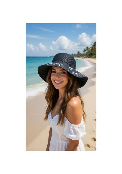 Mollycrush Kadın Siyah Beach Please Hasır Şapka Yazlık Şık Model Siyah