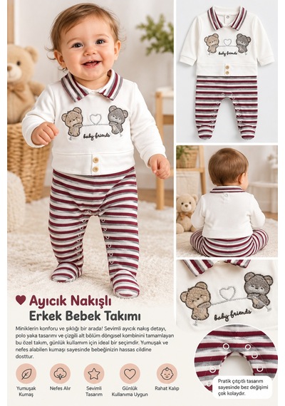 Messlife Ayıcık Nakışlı Erkek Bebek Tulum Beyaz - 929590458 Beyaz