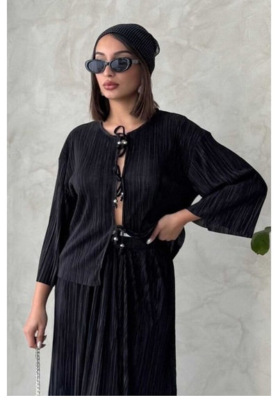 Verymoda Önden Bağlamalı Plise Gömlek - F1739 Siyah