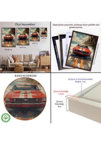 Ahşap Çerçeveli Kırmızı Mustang Tablo-7910
