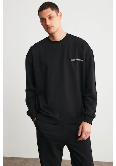 Grimelange Raırok Erkek İçi Polarlı Comfort Oversize Nakışlı Siyah Sweat