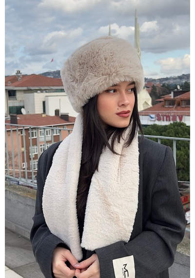 Mollycrush Peluş Rus Tarzı Kalpak Atkı 2'li Set Kadın Kışlık Suni Bej 2'li Takım Bej