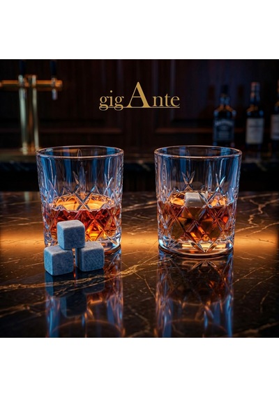 Tr Gigante Deluxe Bohemia Kristal Viski Bardağı Seti, 320 Ml, 2 Bardak Ve 6 Mermer Viski Taşı, Kristal Kesim Desen, Diğer
