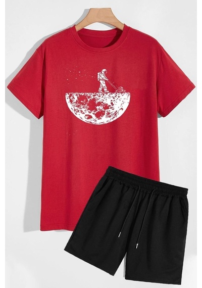 Uyguntarz Uzay Temalı Şort T-shirt Eşofman Takımı Kırmızı