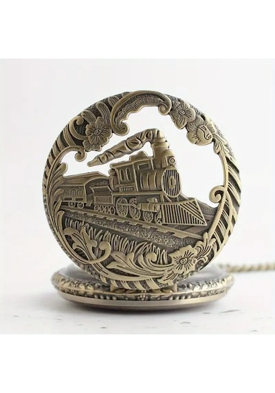 Kişiye Özel Vintage Buharlı Tren Tasarımlı Bronz Cep Saati Zincirli Antika Görünümlü Hediye Saat