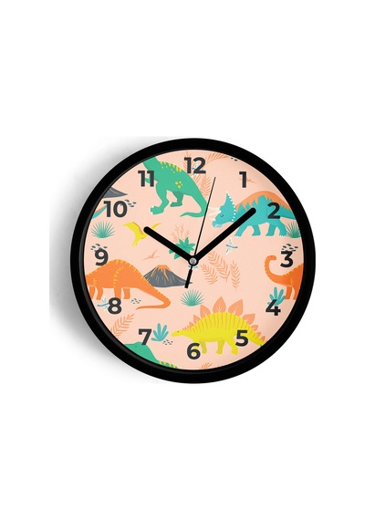 Renkli Dinozor Desenli Çocuk Odası Duvar Saati - 25cm - Önü Camlı Siyah Kasa - Sessiz Mekanizma-jh0725 Siyah