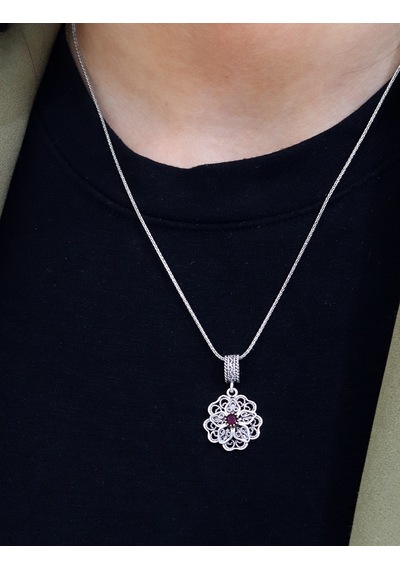 Yakut Taşlı Gül Model Oksitli 925 Ayar Gümüş Telkari Kadın Kolye 201025655