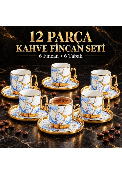 Valkyrie 12 Parça 6 Kişilik 80 Ml Türk Kahvesi Fincan Takımı Mavi Gold Mermer Desenli K653 Mavi