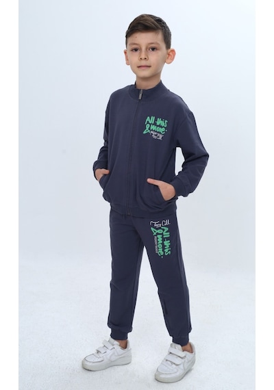 Toontoy Kids Toontoy Erkek Çocuk Göğüsü Kabartma Baskılı Fermuarlı Eşofman Takım Füme