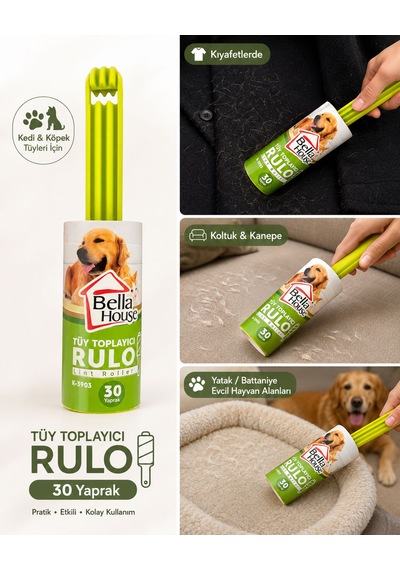 Kedi Köpek Tüy Toplayıcı Rulo, 30 Yaprak, Kıyafet - Koltuk - Kanepe Tüy Alma Aparatı
