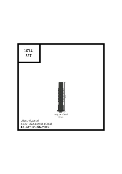 Dübel-vida Seti, Tuğla Boşluk Dübeli 8 Mm, 4,0x60 Yhb Sunta Vidası, 10 Adet