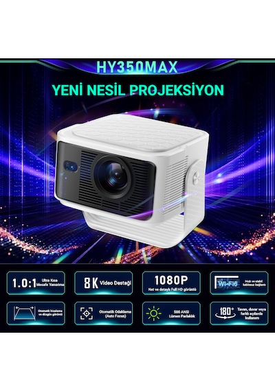 İdragon Hy350max Android 14 Akıllı Projeksiyon Cihazı 1080p Full Hd 500 Ansı Lümen Wifi 6 Bluetooth 5.4 Auto Focus Ultra Kısa Mesafe 4k/8k Destekli Mini Projeksiyon