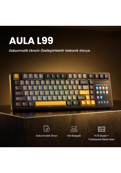 L99 4" Akıllı Dokunmatik Ekranlı 3 Modlu Rgb Hot Swap Caramel Latte Switch Mekanik Kablosuz Oyuncu Klavyesi Bej