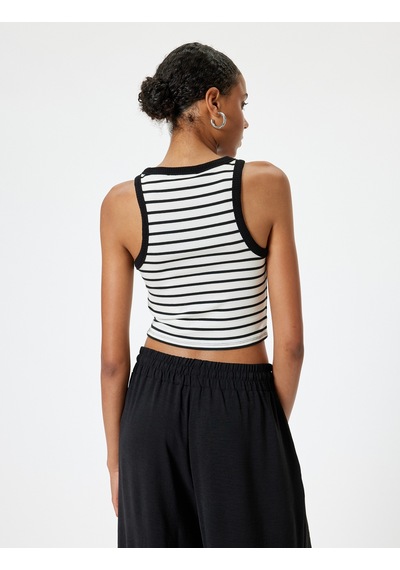 Koton Crop Üst Kolsuz Slim Fit Bisiklet Yaka Ekru Çizgili 4sal30313ık