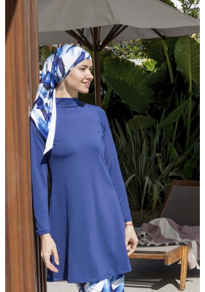 Mayom Bol Pantolonlu Tam Kapalı Desenli Tesettür Mayo - 2534 Lacivert-beyaz
