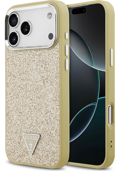 Apple Uyumlu iPhone 17 Pro Max Kılıf Guess Lisanslı M-safeli Metal Kamera Çerçeveli Üçgen Logolu Glitter Gold Gold