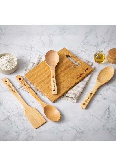 Bk Gift 5li Doğal Ahşap Bambu Kesme Tahtası Ve Servis Seti Kepçe, Pilav Kaşığı, Spatula, Kaşık Mutfak Seti Kobitmeyencom36758 Bk Gift Çok Renkli