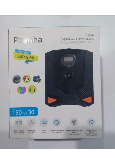 Piranha Dijital Hava Kompresörü Lastik Hava Pompası 150psi Çakmaklık Girişli