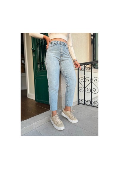 Woddi Kadın Mom Jeans Kot Pantolon Mavi Kar Taş1