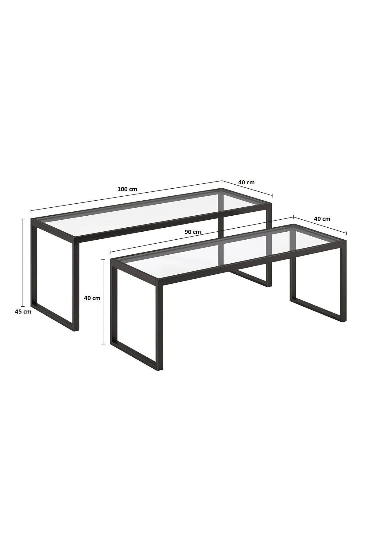 Modern 2 Li Metal Iskeletli Temper Camlı Zigon Orta Sehpa Siyah-şeffaf
