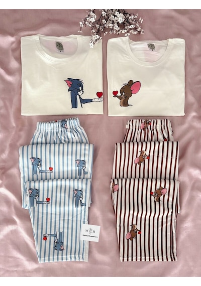 Mh Moony Homewears Kadın Tekli Farecik Pijama Çift Pijamasının Kadını Krem