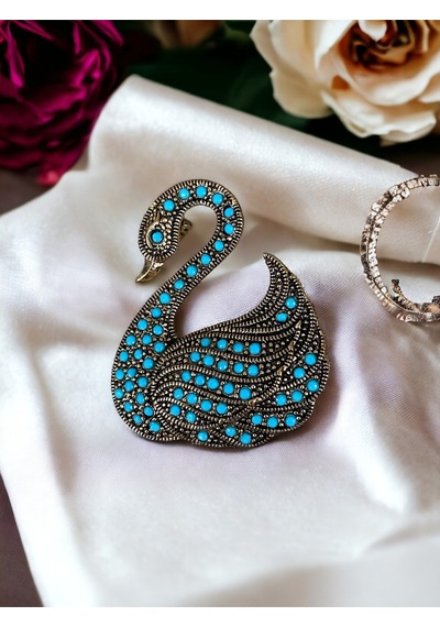 İnci Kuğu Motif Broş Turkuaz