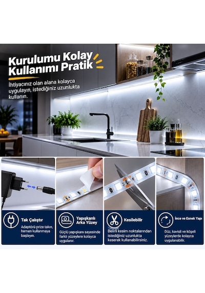 Şerit Led Kumandalı Dimmerli 5 Metre Mutfak Dolabı Tezgah Altı Aydınlatma Led Işık Sb-6557 Beyaz