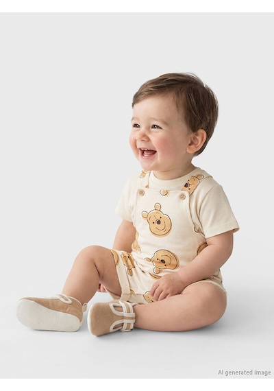 Nevaa Collection Ekru Winnie The Pooh Baskılı Erkek Bebek Salopet Ve Tişört Ekru
