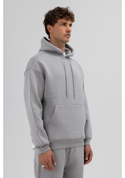 Vamos Basic Oversize Kapüşonlu Sweatshirt Gri