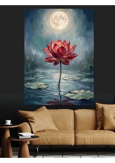 Ay Işığı Altında Lotus Çiçeği Dekoratif Kanvas - Mdf Ahşap Tablo