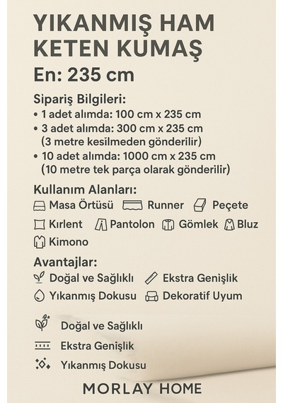 10 Metre Yıkanmış Ham Naturel Keten Kumaş - 235 Cm En - Organik - Doğal - Punch - Döşemelik Kumaş Bej