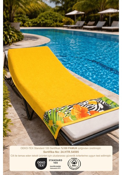 Sarı Plaj Havlusu %100 Pamuk Sertifikalı Tropik Desenli Havuz Havlusu Üstün Emici 75x150cm