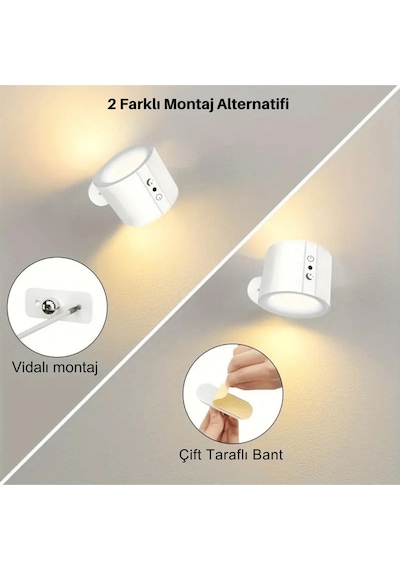 Led Kablosuz 360 Dönen Şarjlı Yatak Başı Çalışma Masası Ledli Duvar Aplik 3 Renk Işıklı Gece Lambası Çok Renkli