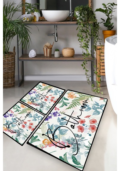 GREEN  IN  FLOWER DJT 3 LU SET Banyo Halısı Banyo Paspası Çok Renkli