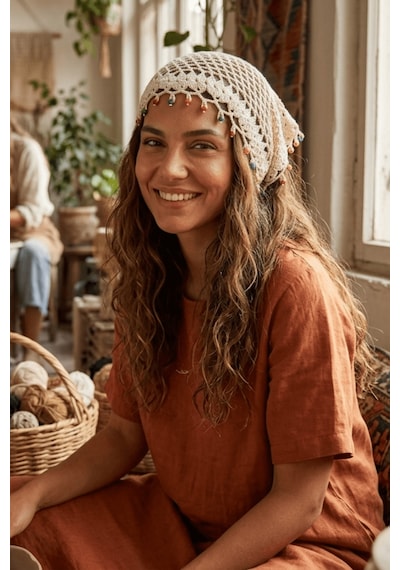 %100 El Örgüsü Boncuklu Bohem Kadın Bandana Saç Aksesuarı Krem
