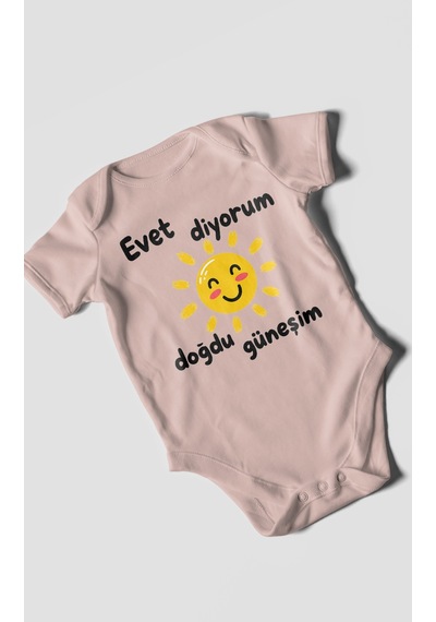 Morivokids Evet Diyorum Doğdu Güneşim Kısa Kollu Bebek Body %100 Pamuk Pastel Pembe