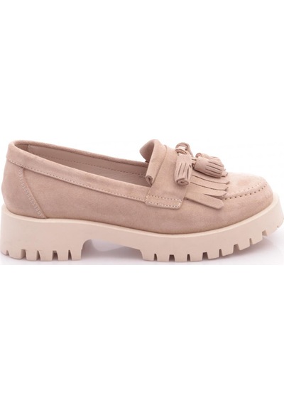 Dgn 2836 Kadin Püsküllü Loafer Ayakkabi Bej Süet